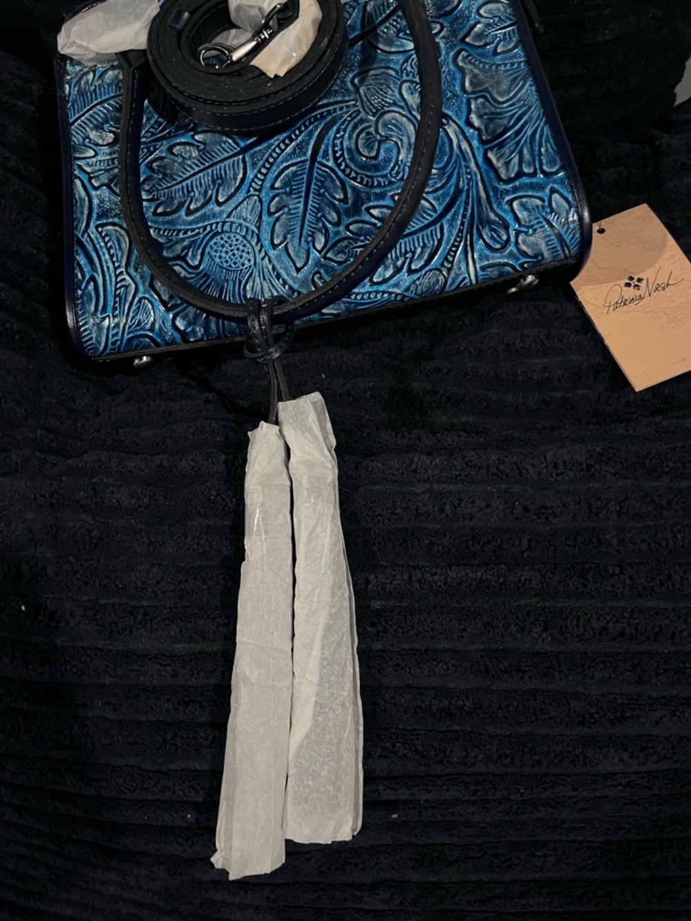Blue Embossed Floral Leather Tote - Picture 6 of 11